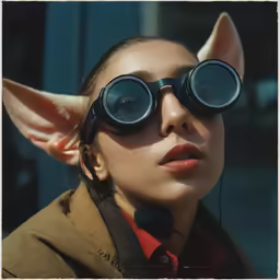 a woman wearing cat ears and a coat with some big round glasses