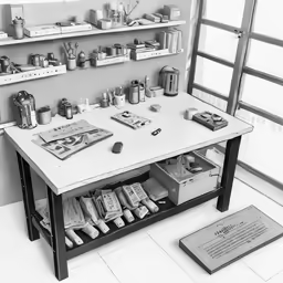 a table with several shelves of items on the wall