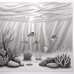 a drawing with sea corals and seaweed on the water,an underwater scene with various fish,a drawing of different sea life with corals and coral,a pencil drawing of underwater scene with corals,an underwater scene with reef fish, corals and seaweed