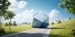 a blue art sculpture standing on a lush green field