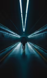 a man is walking alone down a very long walkway