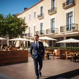 a man in a suit walking towards a hotel
