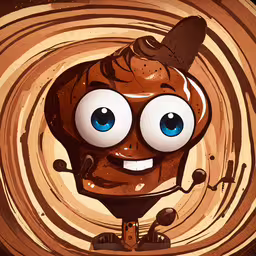 a cartoon character is smiling and looking into the camera,an illustrated piece of food that looks like a peanut butter puffer