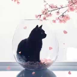 a black cat sits in a clear bowl with some flowers around
