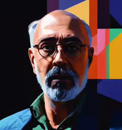 a bald man with glasses and beard, near a multi - color wall,the image is a man with glasses looking serious