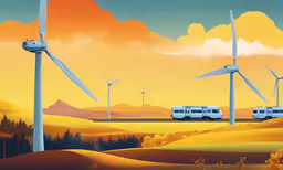 an image of a scene with a train traveling in the distance,a car on the road next to a row of windmills