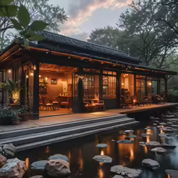 an asian - inspired house and deck sit on water