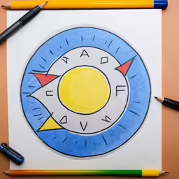 a white card with a blue circle with red and yellow arrows