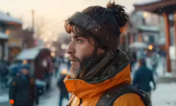 a man with an orange jacket in the snow