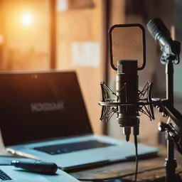 an open laptop sitting on a table next to a microphone and sound equipment