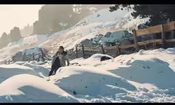 the person is walking up a snowy hill
