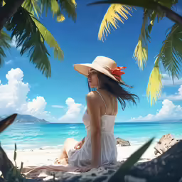 a woman wearing a straw hat on the beach