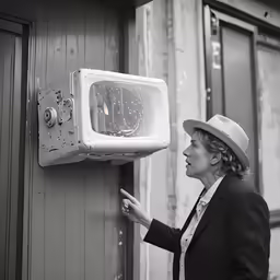 the lady with the hat is trying to open the old microwave