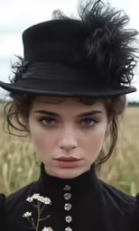 a woman with a top hat standing in front of some crops