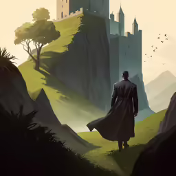 a man walking in the mountains towards an ancient castle