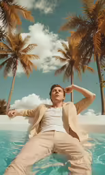 the man is lying in a pool with palm trees