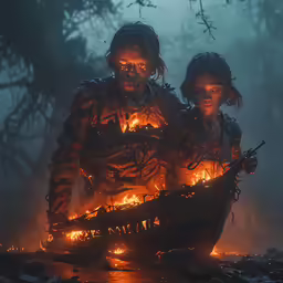 the evil corpse crew in halloween costumes with flames on their chest