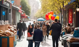 a group of people walking down a sidewalk in front of stores