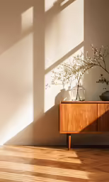 vases with flowers sitting on top of a wooden cabinet