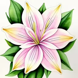 a drawing of a pink flower and leaves on a white background