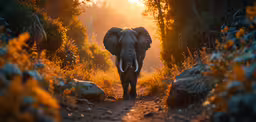an elephant with tusks is in a dirt path