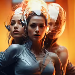 two women with head phones stand close together