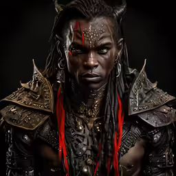 a character of a warrior with horns and piercings on