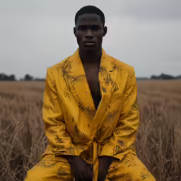 a person in a yellow and black robe sitting in front of an empty field