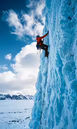man climbing up side of snow covered rock