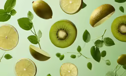 sliced kiwi fruit with leaves on pale blue background