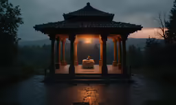 an outdoor gazebo has an open door to it