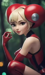 a woman wearing red gloves posing for the camera