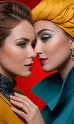 two women are wearing matching colors together