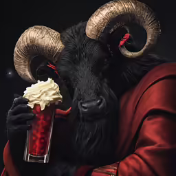 a male ram in a costume holding a drink and posing for a picture