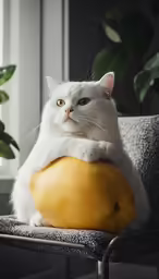 a large white cat sitting on top of a chair holding a pumpkin
