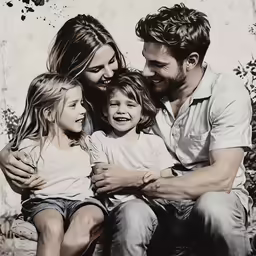 a man and woman sitting on a bench holding their children
