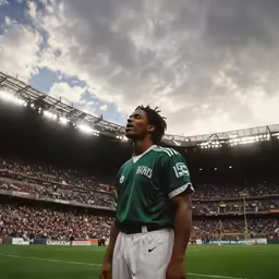a man in a green and white shirt stands on the field