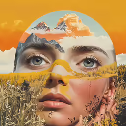 the image is painted as a portrait with an orange sky