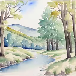a painting of trees by the water is painted on canvas
