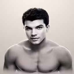 a man without a shirt is looking back at the camera