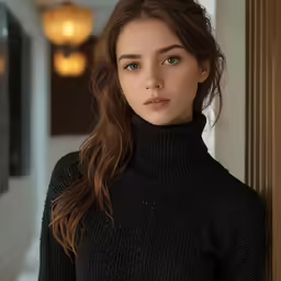 a woman in a black sweater poses in front of a doorway