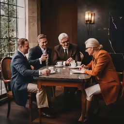 five people sitting at a table drinking coffee and having conversation