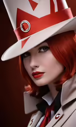 a woman dressed as a white woman with red hair wearing a white hat
