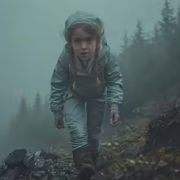 a girl in a foggy weather coverall walking along rocky field
