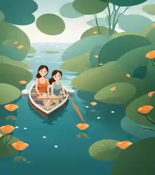 two women on a boat ride through a pond with lily - covered banks