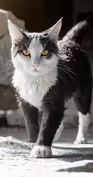 a cat walking along side a doorway with sunlight