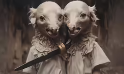 two twin dogs in white clothing one with sword and third with shirt