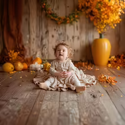 there is a baby sitting on the floor with autumn leaves