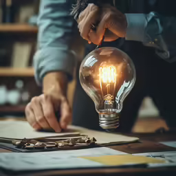 person at table using lighting bulb to solve question