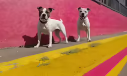 a couple of dogs standing next to each other on the road